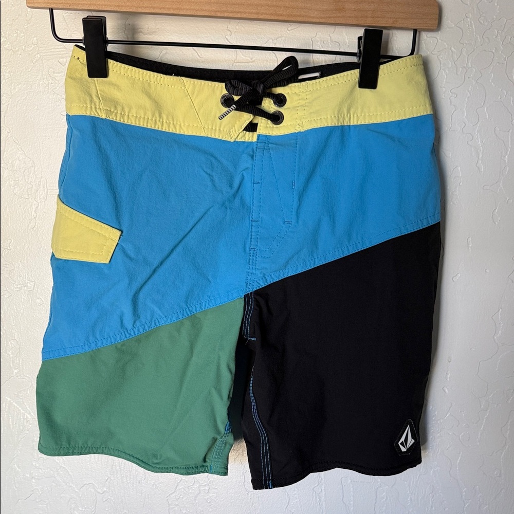 Volcom | Boy’s Multicolor Board Shorts | Blue, Green, Black, Yellow | Size 25